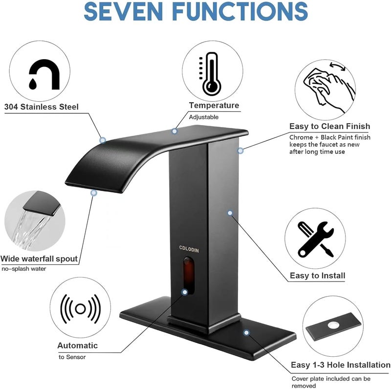 CDLODIN Touchless Bathroom Faucet, Automatic Sensor Waterfall Bathroom Tap, Modern Stainless Matte Black Sink, Hands Free Motion Sensor Lavatory Faucets for Sink 1 Hole - Image 2